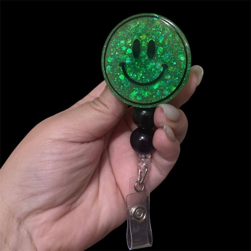 Green Glitter Smiley Face Badge reel